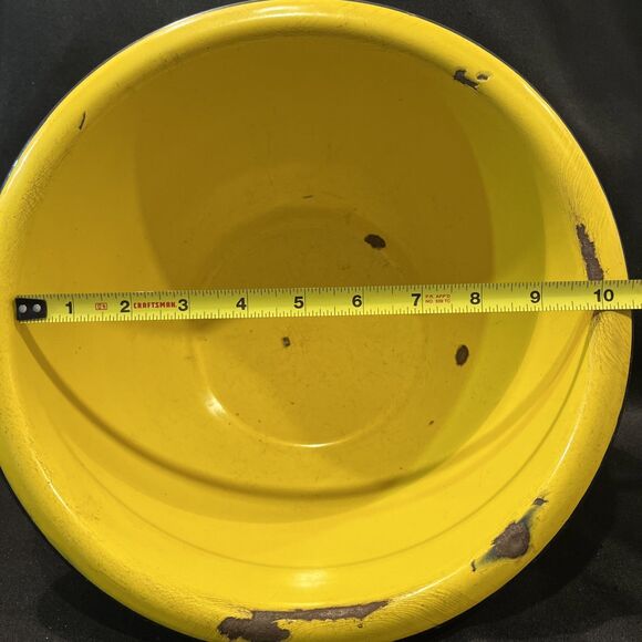 Antique Large Metal Enamel Mixing Bowl Canary Yellow with a Black Rim 11” X 4” - Picture 9 of 11